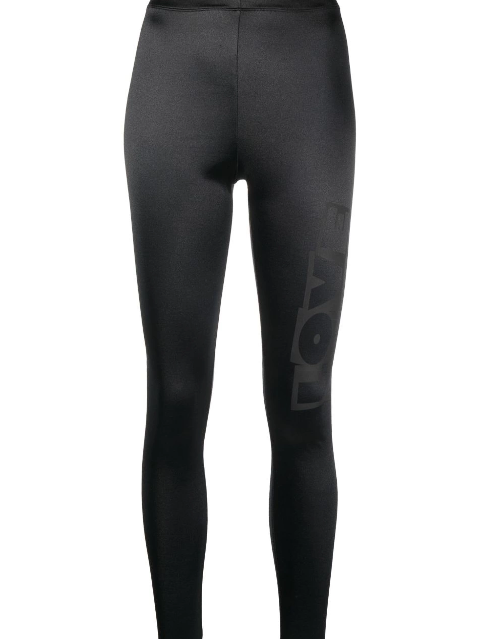 Love satin-finish print Moschino logo leggings Women 0426